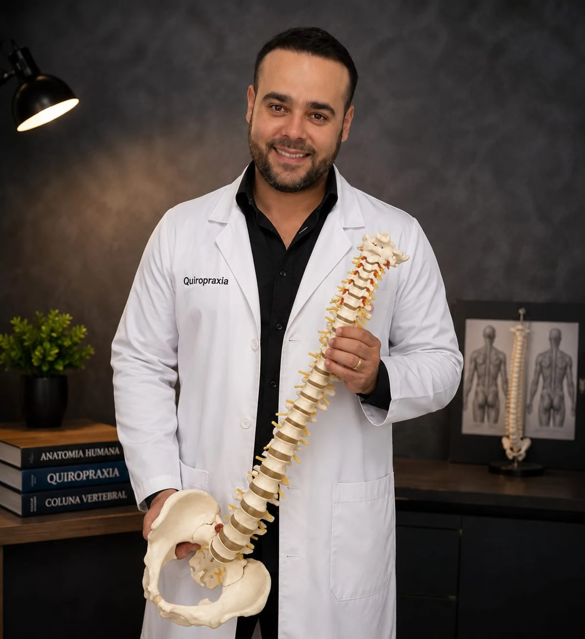 Dr. Antônio Resende, fisioterapeuta, com modelo anatômico da coluna vertebral