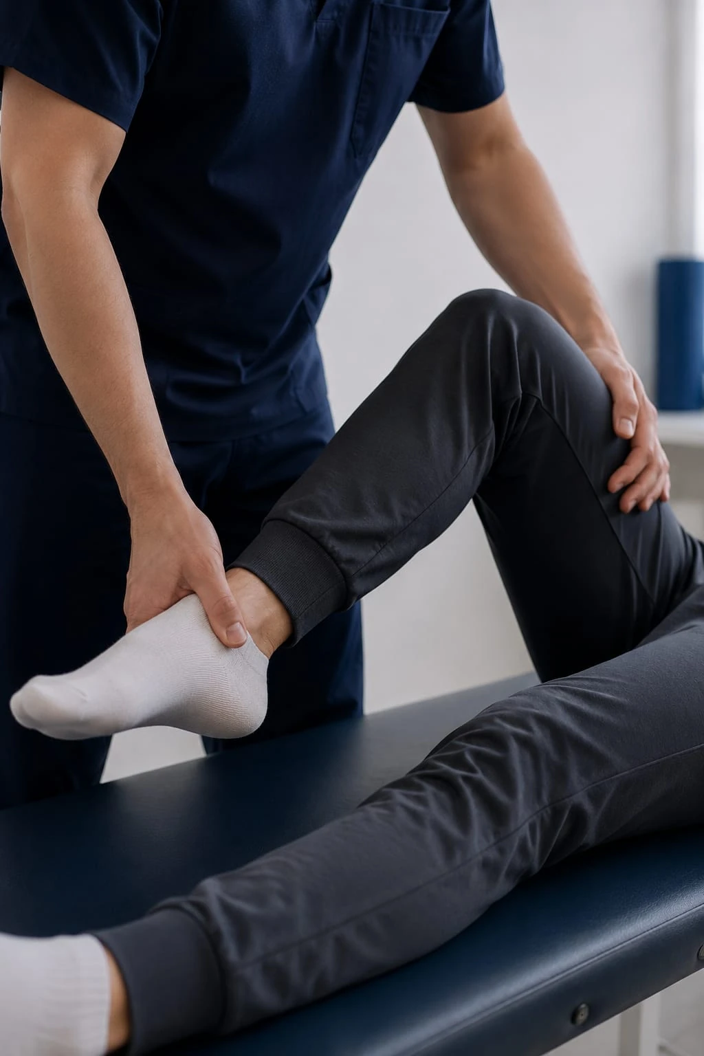 Profissional de fisioterapia avaliando mobilidade da perna e tornozelo
